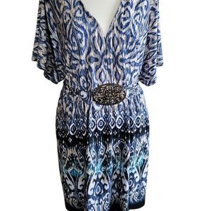 R&M Richards | Women's Blue & White Print Tunic Blouse & Belted Waist | 16W